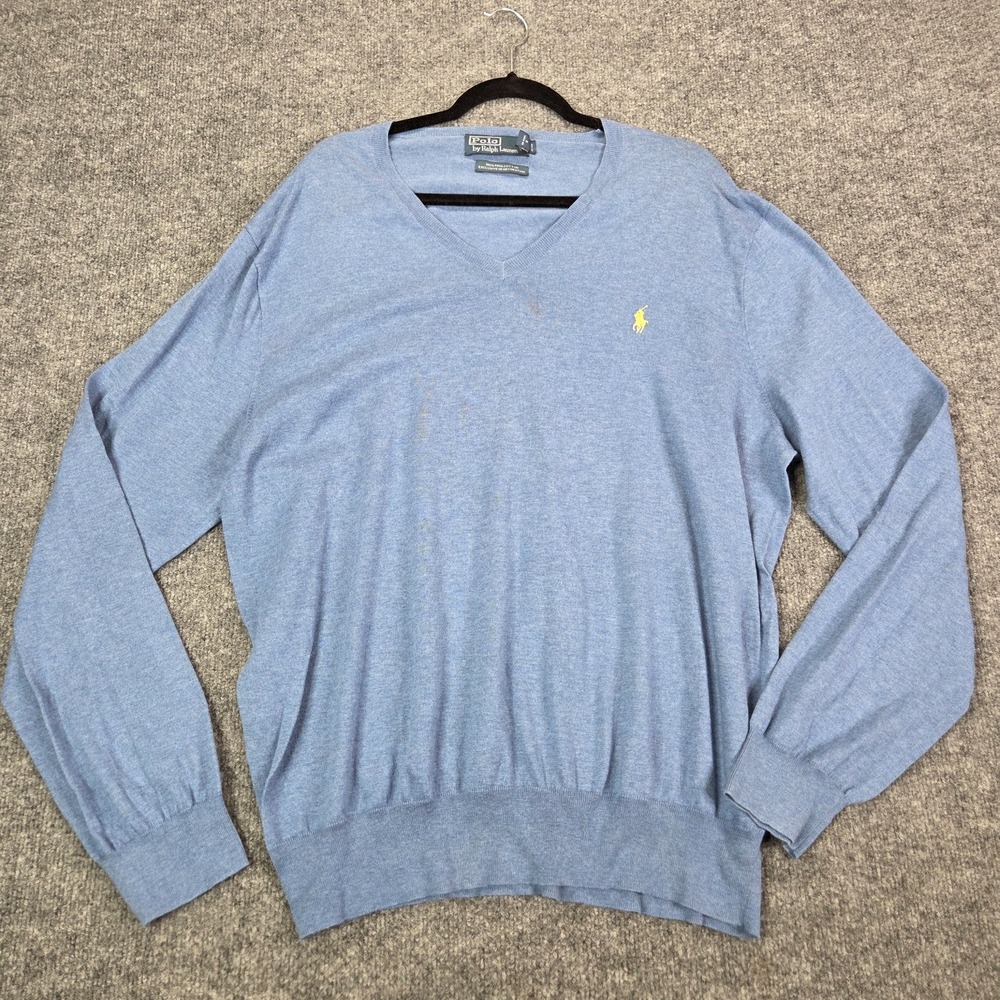 POLO Ralph Lauren Mens Blue Sweater Yellow Pony XXL V Neck 100% Pima Cotton